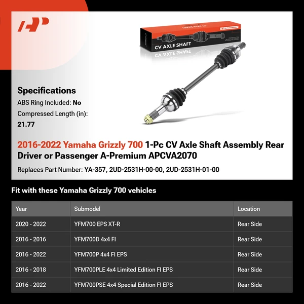 2016-2022 Yamaha Grizzly 700 1-Pc CV Axle Shaft Assembly Rear Driver or Passenger A-Premium APCVA2070