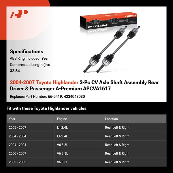 2004-2007 Toyota Highlander 2-Pc CV Axle Shaft Assembly Rear Driver & Passenger A-Premium APCVA1617