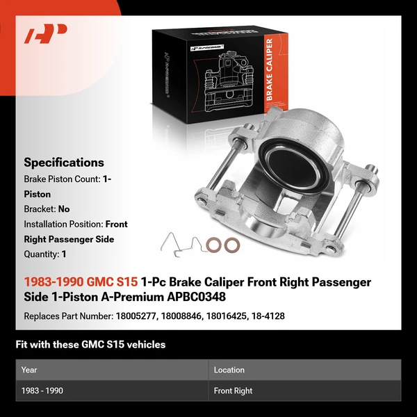 1983-1990 GMC S15 1-Pc Brake Caliper Front Right Passenger Side 1-Piston A-Premium APBC0348