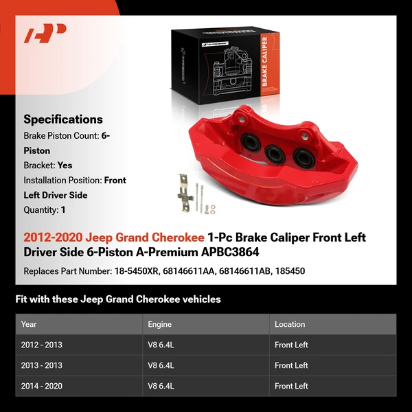 2012-2020 Jeep Grand Cherokee 1-Pc Brake Caliper Front Left Driver Side 6-Piston A-Premium APBC3864