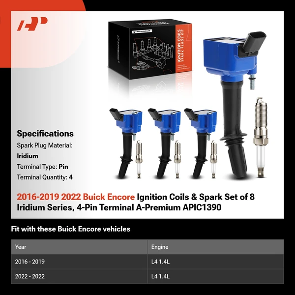 2016-2019 2022 Buick Encore Ignition Coils & Spark Set of 8 Iridium Series, 4-Pin Terminal A-Premium APIC1390