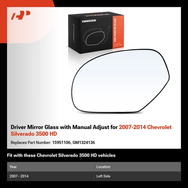 Driver Mirror Glass with Manual Adjust for 2007-2014 Chevrolet Silverado 3500 HD