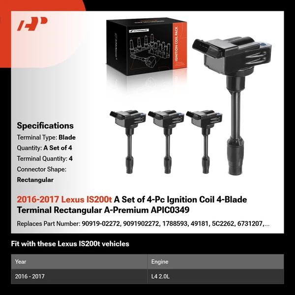 2016-2017 Lexus IS200t A Set of 4-Pc Ignition Coil 4-Blade Terminal Rectangular A-Premium APIC0349