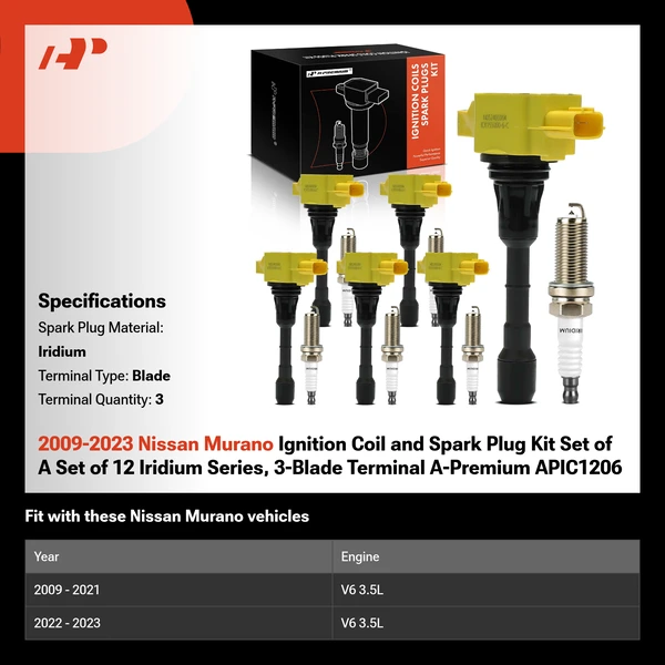 2009-2023 Nissan Murano Ignition Coil and Spark Plug Kit Set of A Set of 12 Iridium Series, 3-Blade Terminal A-Premium APIC1206