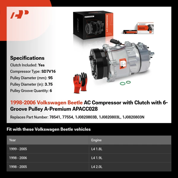 1998-2006 Volkswagen Beetle AC Compressor with Clutch with 6-Groove Pulley A-Premium APACC028