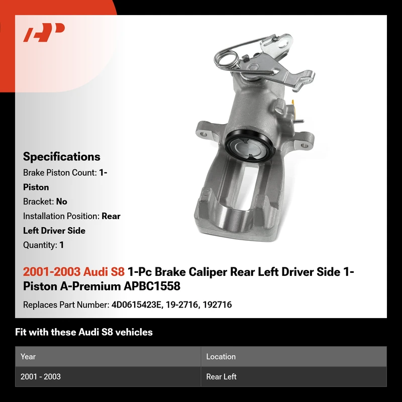 2001-2003 Audi S8 1-Pc Brake Caliper Rear Left Driver Side 1-Piston A-Premium APBC1558