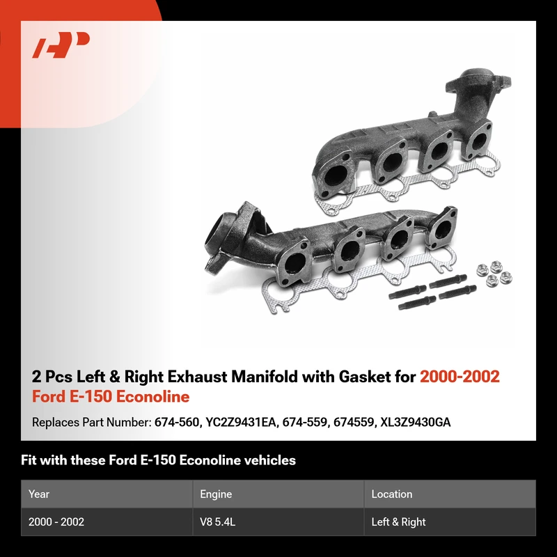 2 Pcs Left & Right Exhaust Manifold with Gasket for 2000-2002 Ford E-150 Econoline