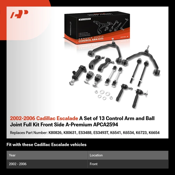 2002-2006 Cadillac Escalade A Set of 13 Control Arm and Ball Joint Full Kit Front Side A-Premium APCA2594