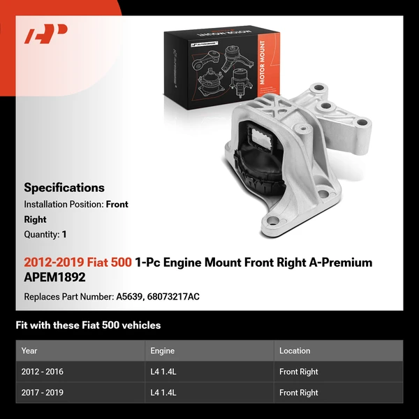 2012-2019 Fiat 500 1-Pc Engine Mount Front Right A-Premium APEM1892