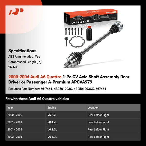 2000-2004 Audi A6 Quattro 1-Pc CV Axle Shaft Assembly Rear Driver or Passenger A-Premium APCVA979