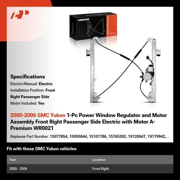 2000-2006 GMC Yukon 1-Pc Power Window Regulator and Motor Assembly Front Right Passenger Side Electric with Motor A-Premium WR0021