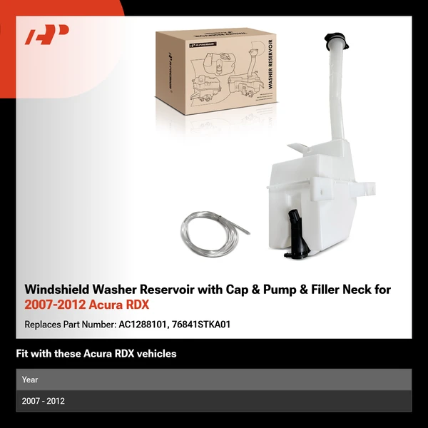 Windshield Washer Reservoir with Cap & Pump & Filler Neck for 2007-2012 Acura RDX