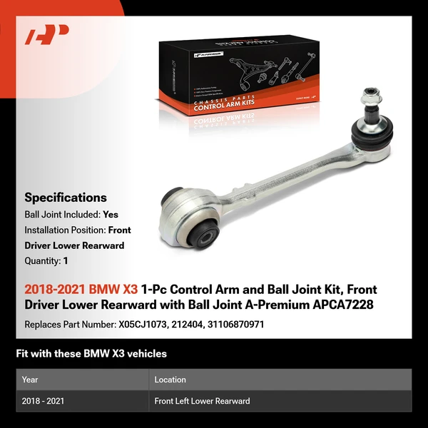 2018-2021 BMW X3 1-Pc Control Arm and Ball Joint Kit, Front Driver Lower Rearward with Ball Joint A-Premium APCA7228
