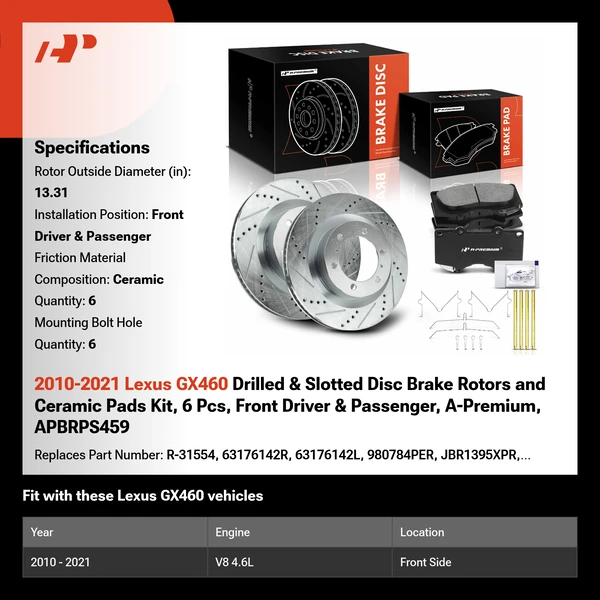 2010-2021 Lexus GX460 Drilled & Slotted Disc Brake Rotors and Ceramic Pads Kit, 6 Pcs, Front Driver & Passenger, A-Premium, APBRPS459