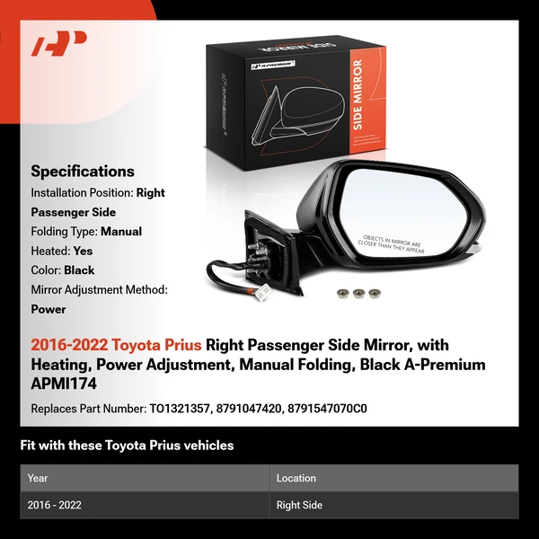 2016-2022 Toyota Prius Right Passenger Side Mirror, with Heating, Power Adjustment, Manual Folding, Black A-Premium APMI174
