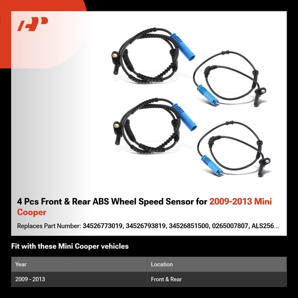 4 Pcs Front & Rear ABS Wheel Speed Sensor for 2009-2013 Mini Cooper