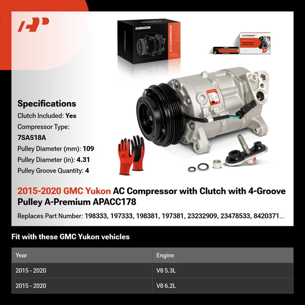 2015-2020 GMC Yukon AC Compressor with Clutch with 4-Groove Pulley A-Premium APACC178