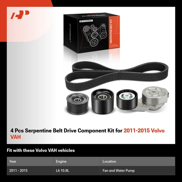 4 Pcs Serpentine Belt Drive Component Kit for 2011-2015 Volvo VAH
