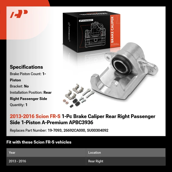 2013-2016 Scion FR-S 1-Pc Brake Caliper Rear Right Passenger Side 1-Piston A-Premium APBC3936