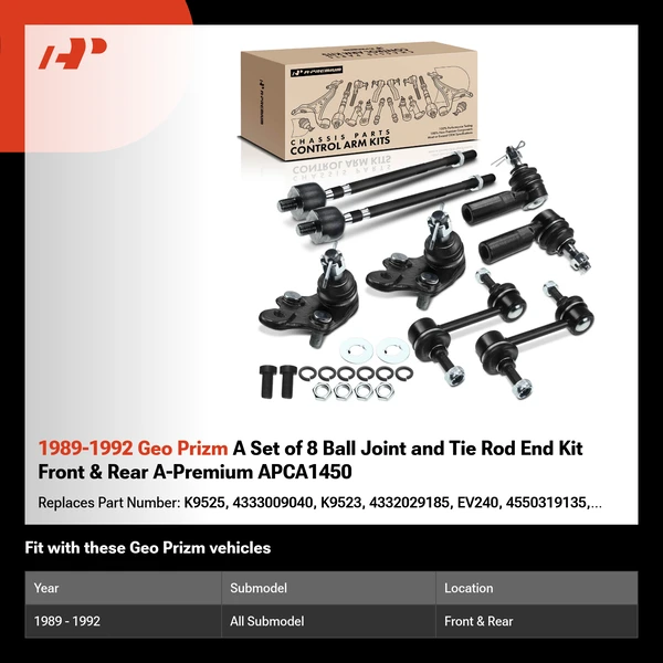 1989-1992 Geo Prizm A Set of 8 Ball Joint and Tie Rod End Kit Front & Rear A-Premium APCA1450