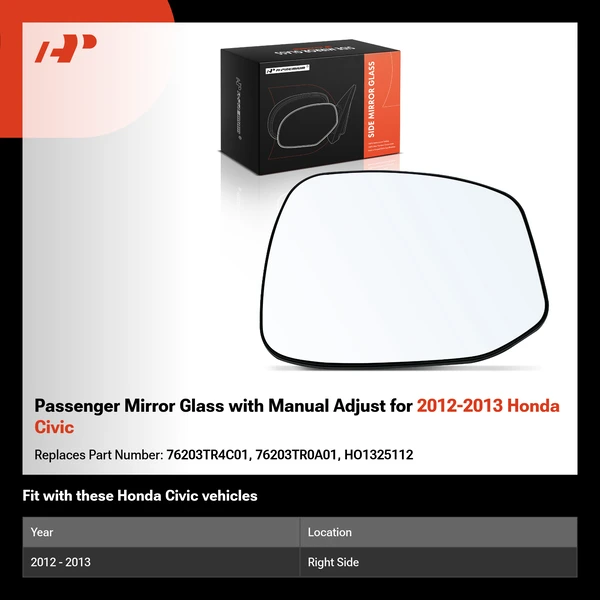 Passenger Mirror Glass with Manual Adjust for 2012-2013 Honda Civic