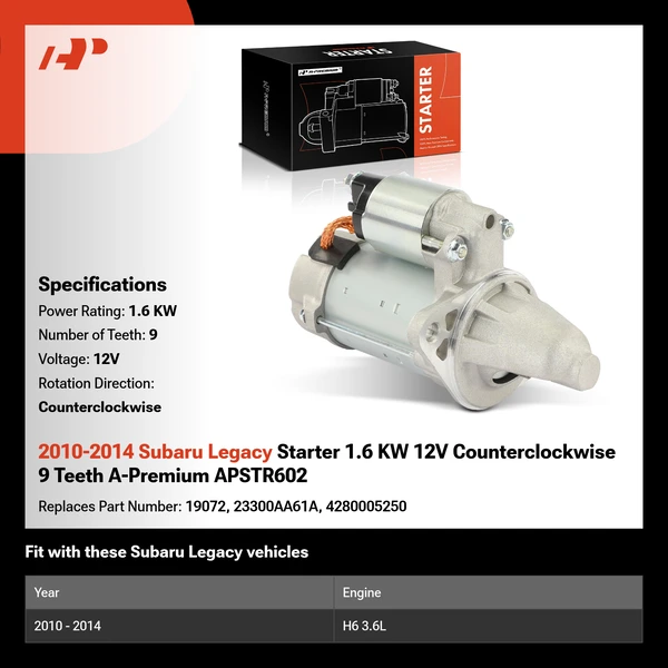 2010-2014 Subaru Legacy Starter 1.6 KW 12V Counterclockwise 9 Teeth A-Premium APSTR602