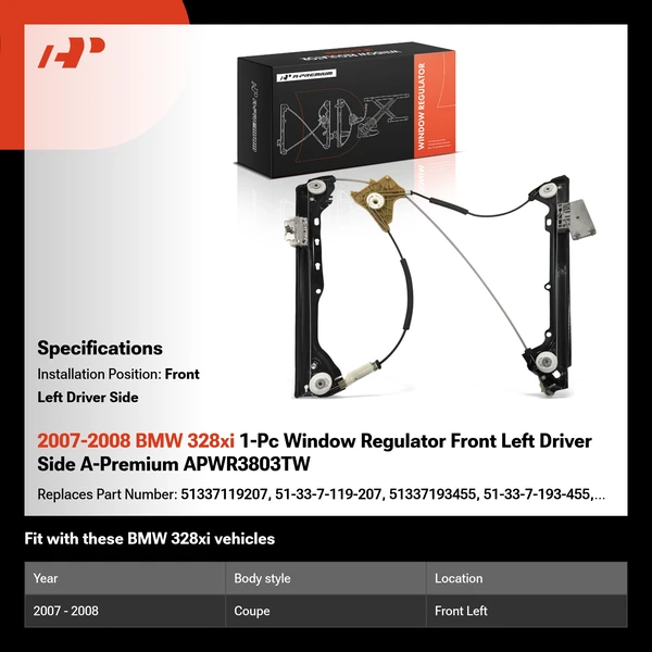 2007-2008 BMW 328xi 1-Pc Window Regulator Front Left Driver Side A-Premium APWR3803TW