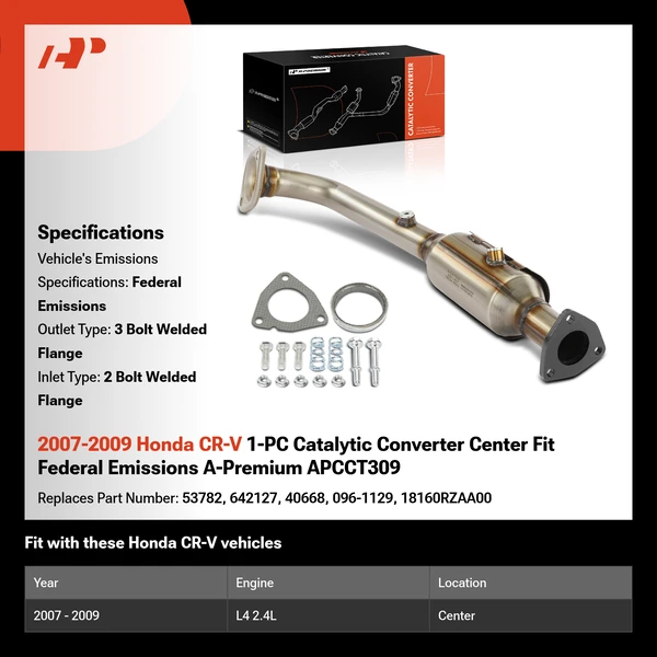2007-2009 Honda CR-V 1-PC Catalytic Converter Center Fit Federal Emissions A-Premium APCCT309
