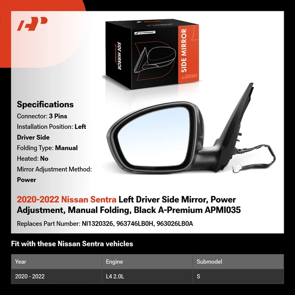 2020-2022 Nissan Sentra Left Driver Side Mirror, Power Adjustment, Manual Folding, Black A-Premium APMI035