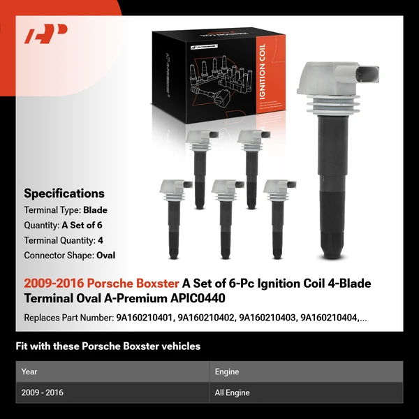 2009-2016 Porsche Boxster A Set of 6-Pc Ignition Coil 4-Blade Terminal Oval A-Premium APIC0440