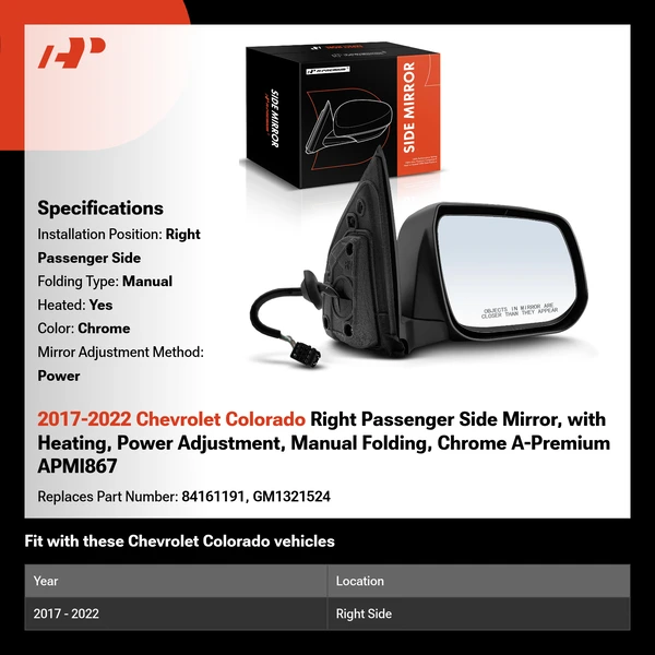 2017-2022 Chevrolet Colorado Right Passenger Side Mirror, with Heating, Power Adjustment, Manual Folding, Chrome A-Premium APMI867