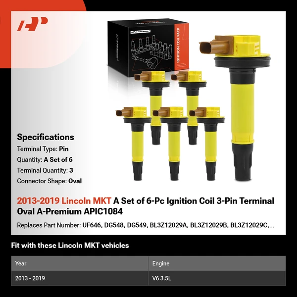 2013-2019 Lincoln MKT A Set of 6-Pc Ignition Coil 3-Pin Terminal Oval A-Premium APIC1084