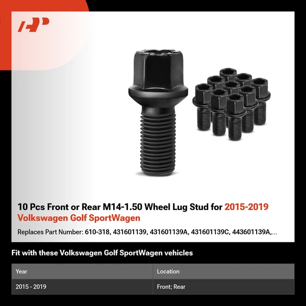 10 Pcs Front or Rear M14-1.50 Wheel Lug Stud for 2015-2019 Volkswagen Golf SportWagen