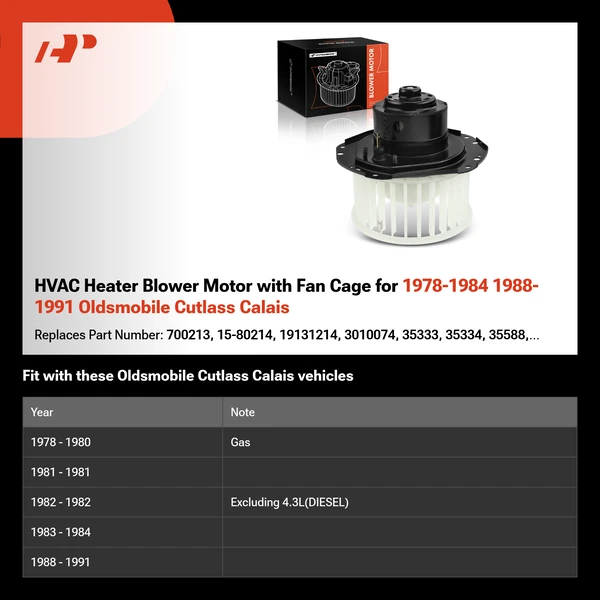 HVAC Heater Blower Motor with Fan Cage for 1978-1984 1988-1991 Oldsmobile Cutlass Calais