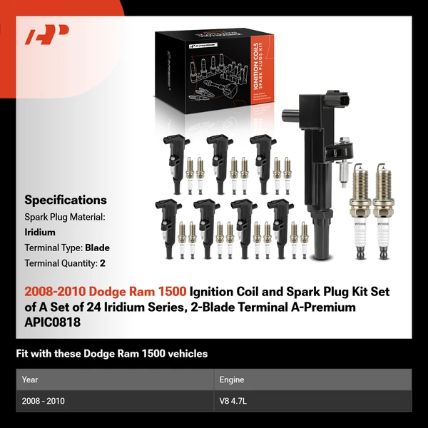 2008-2010 Dodge Ram 1500 Ignition Coil and Spark Plug Kit Set of A Set of 24 Iridium Series, 2-Blade Terminal A-Premium APIC0818