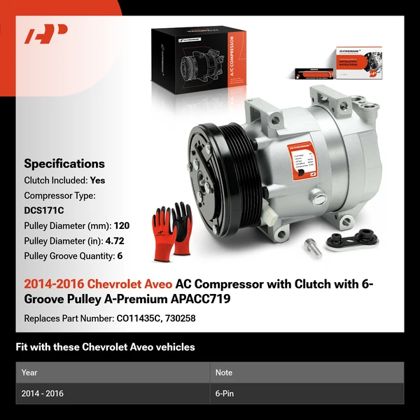 2014-2016 Chevrolet Aveo AC Compressor with Clutch with 6-Groove Pulley A-Premium APACC719