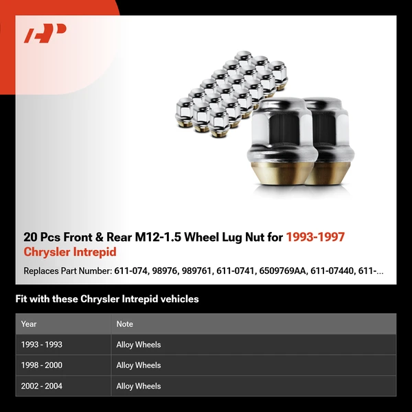 20 Pcs Front & Rear M12-1.5 Wheel Lug Nut for 1993-1997 Chrysler Intrepid