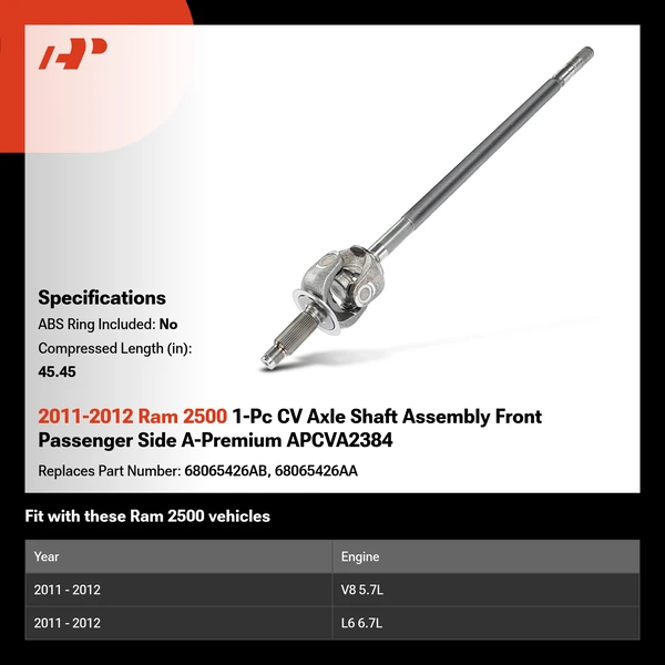 2011-2012 Ram 2500 1-Pc CV Axle Shaft Assembly Front Passenger Side A-Premium APCVA2384
