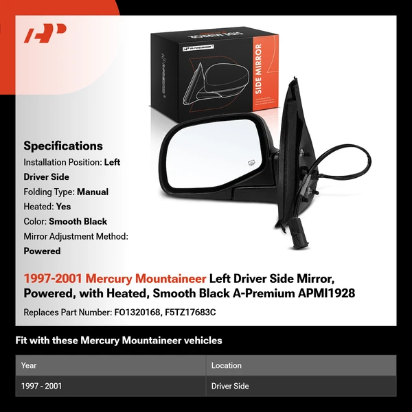 1997-2001 Mercury Mountaineer Left Driver Side Mirror, Powered, with Heated, Smooth Black A-Premium APMI1928