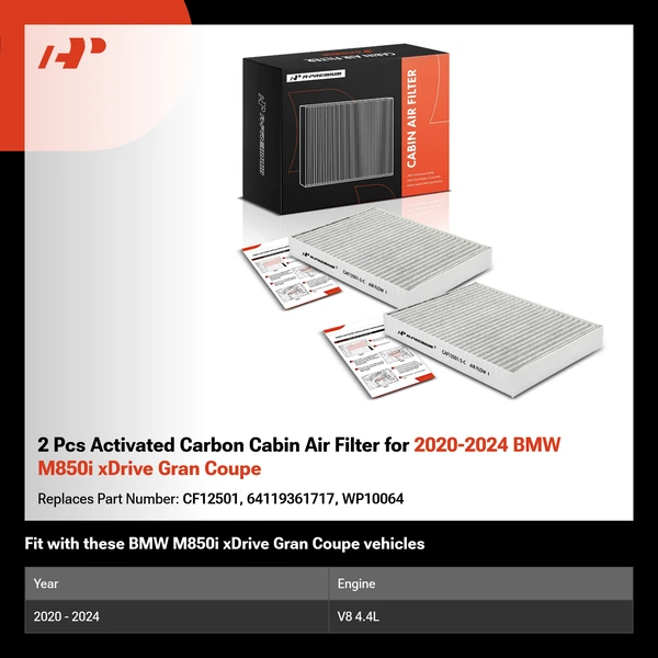 2 Pcs Activated Carbon Cabin Air Filter for 2020-2024 BMW M850i xDrive Gran Coupe