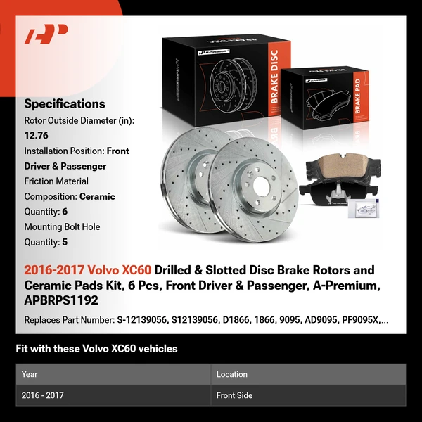 2016-2017 Volvo XC60 Drilled & Slotted Disc Brake Rotors and Ceramic Pads Kit, 6 Pcs, Front Driver & Passenger, A-Premium, APBRPS1192