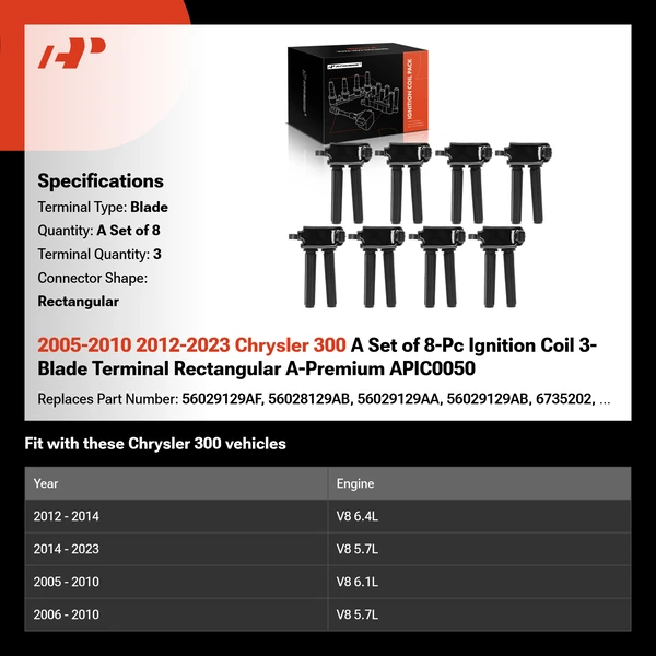 2005-2010 2012-2023 Chrysler 300 A Set of 8-Pc Ignition Coil 3-Blade Terminal Rectangular A-Premium APIC0050