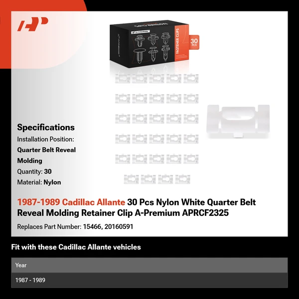 1987-1989 Cadillac Allante 30 Pcs Nylon White Quarter Belt Reveal Molding Retainer Clip A-Premium APRCF2325
