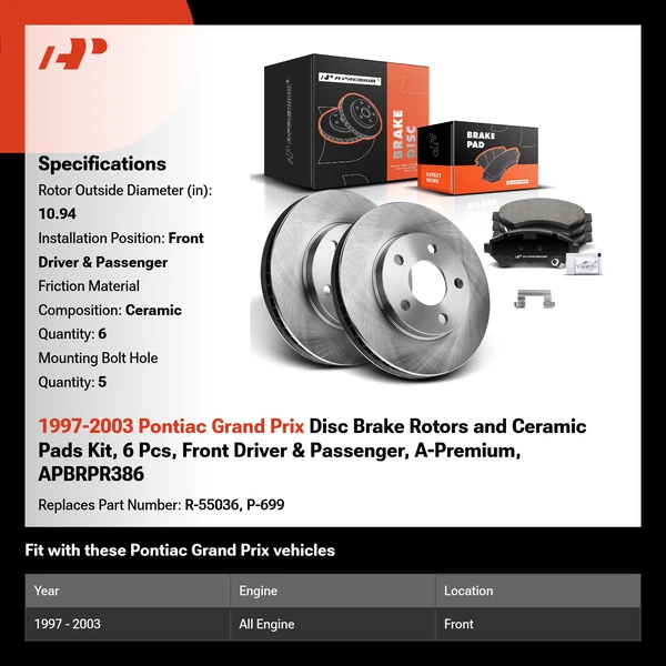 1997-2003 Pontiac Grand Prix Disc Brake Rotors and Ceramic Pads Kit, 6 Pcs, Front Driver & Passenger, A-Premium, APBRPR386