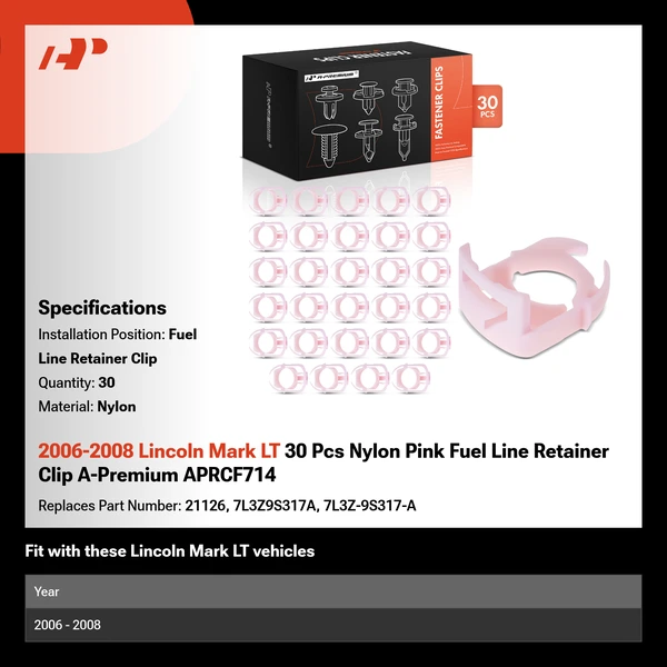 2006-2008 Lincoln Mark LT 30 Pcs Nylon Pink Fuel Line Retainer Clip A-Premium APRCF714