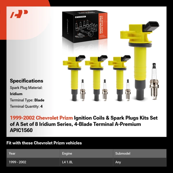 1999-2002 Chevrolet Prizm Ignition Coils & Spark Plugs Kits Set of A Set of 8 Iridium Series, 4-Blade Terminal A-Premium APIC1560