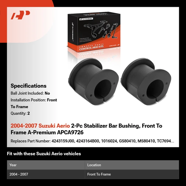 2004-2007 Suzuki Aerio 2-Pc Stabilizer Bar Bushing, Front To Frame A-Premium APCA9726