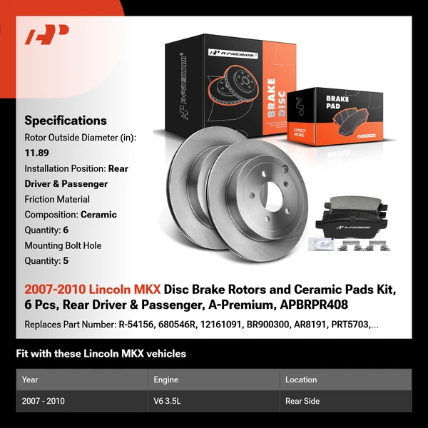 2007-2010 Lincoln MKX Disc Brake Rotors and Ceramic Pads Kit, 6 Pcs, Rear Driver & Passenger, A-Premium, APBRPR408