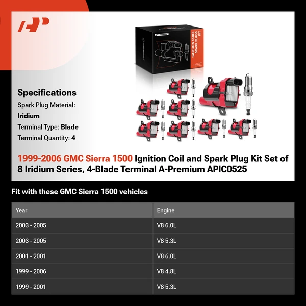 1999-2006 GMC Sierra 1500 Ignition Coil and Spark Plug Kit Set of 8 Iridium Series, 4-Blade Terminal A-Premium APIC0525