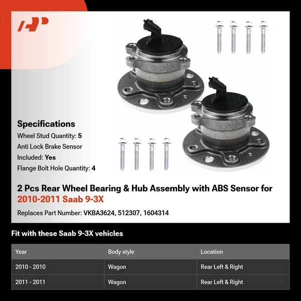 2 Pcs Rear Wheel Bearing & Hub Assembly with ABS Sensor for 2010-2011 Saab 9-3X